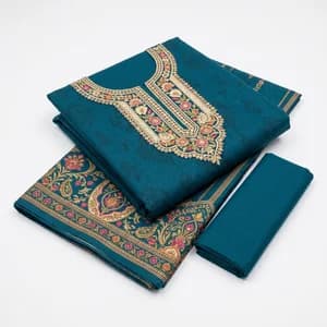 Unstitched lawn suit fabric laid beside a stitched ready to wear Pakistani suit